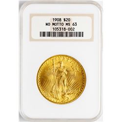 1908 NM $20 St. Gaudens Double Eagle Gold Coin NGC MS63