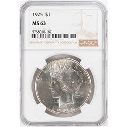 1925 $1 Peace Silver Dollar Coin NGC MS63