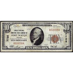 1929 $10 Lincoln NB of First Wayne, IN CH# 7725 National Currency Note