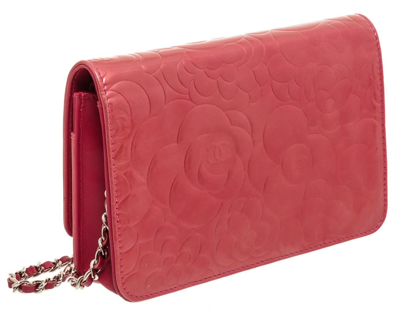 Chanel Pink Patent Leather Camellia Wallet On Chain Woc Bag