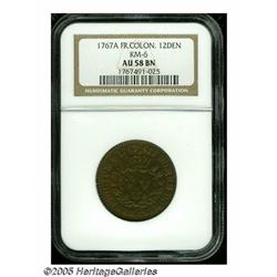 1767-A 9DEN French Colonies Copper Sou AU58 NGC. 