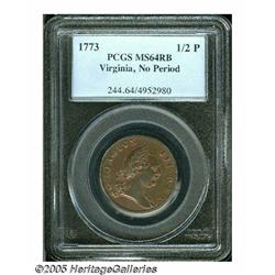 1773 1/2P Virginia Halfpenny, No Period MS64 Red 