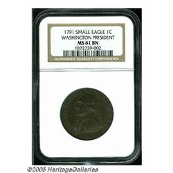 1791 1C Washington Small Eagle Cent MS61 Brown NG