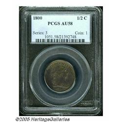1800 1/2 C AU58 PCGS. B-1, C-1, R.1. A lovely and