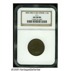 1805 1/2 C Medium 5, No Stems AU58 Brown NGC. B-4