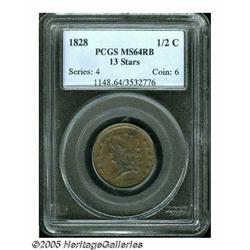 1828 1/2 C 13 Stars MS64 Red and Brown PCGS. B-2,