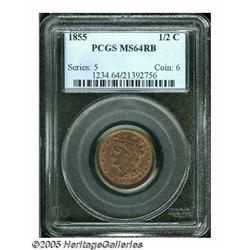 1855 1/2 C MS64 Red and Brown PCGS. B-1, C-1, R.1