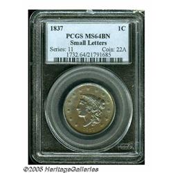 1837 1C Plain Cords, Small Letters MS64 Brown PCG