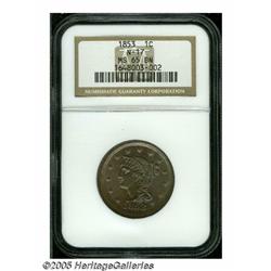 1853 1C MS65 Brown NGC. N-17, R.2. Attributed by 