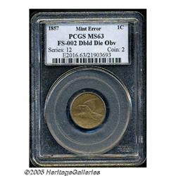 1857 1C --Doubled Die Obverse--MS63 PCGS. Snow-4,