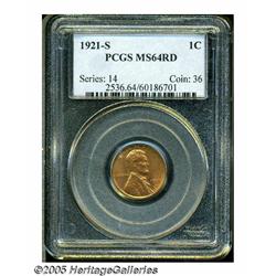 1921-S 1C MS64 Red PCGS. Sharply struck and well 