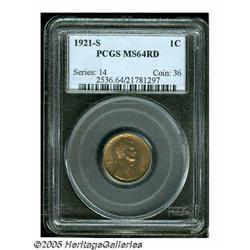 1921-S 1C MS64 Red PCGS. Variegated brassy-gold p