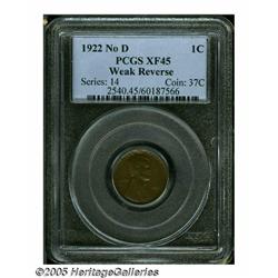1922 No D 1C Weak Reverse XF45 PCGS. Glossy brown