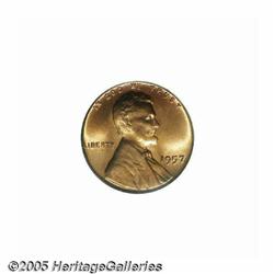 1957 1C MS67 Red PCGS. Vivid fire-red color blaze