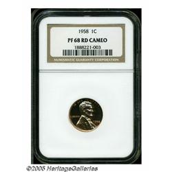 1958 1C PR68 Red Cameo NGC. A yellow-gold Cent, s