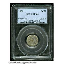 1868 3CN MS66 PCGS. Undulating lilac and golden c