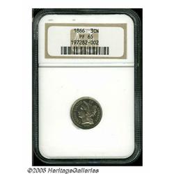 1866 3CN PR65 NGC. Lovely Gem proof with yellow-g