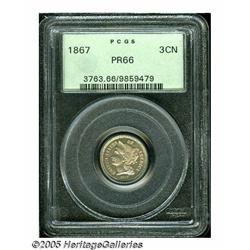 1867 3CN PR66 PCGS. Golden haze sits over the pre