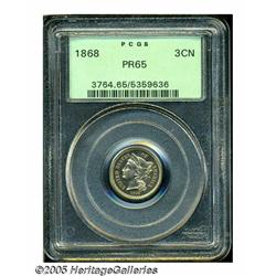 1868 3CN PR65 PCGS. Warm, relatively deep champag
