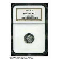 1869 3CN PR66 S Cameo NGC. Frosty devices are str