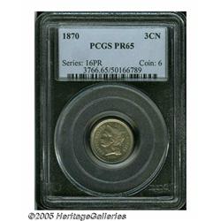 1870 3CN PR65 PCGS. Matte orange-mint surfaces gi