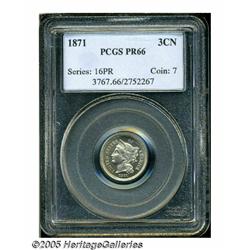 1871 3CN PR66 PCGS. Speckles of light gold color 