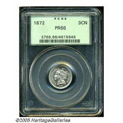 1872 3CN PR66 PCGS. A shimmering proof, with silk