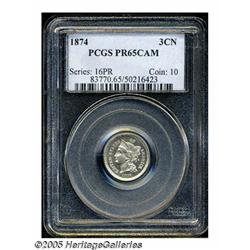 1874 3CN PR65 Cameo PCGS. Nicely reflective mirro