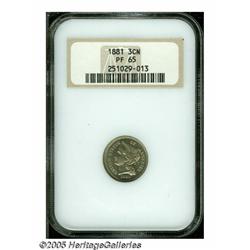 1881 3CN PR65 NGC. Golden-yellow toning evenly co