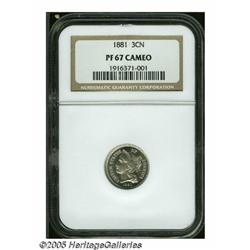 1881 3CN PR67 Cameo NGC. Superlative example with