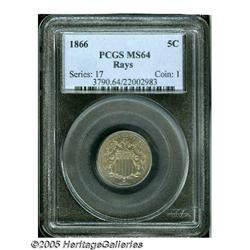 1866 5C Rays MS64 PCGS. The surfaces yield a gold