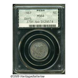 1867 5C Rays MS64 PCGS. Silver-gray with some typ