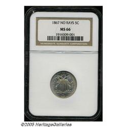 1867 5C No Rays MS66 NGC. In 1867, it was thought