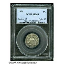 1876 5C MS65 PCGS. Satiny-luster covers the surfa