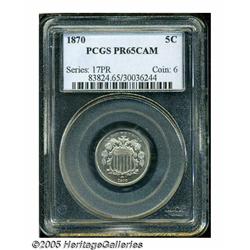 1870 5C PR65 Cameo PCGS. The cameoed surfaces dis