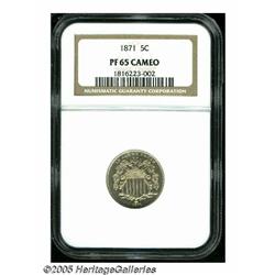 1871 5C PR65 Cameo NGC. Light tangerine color on 