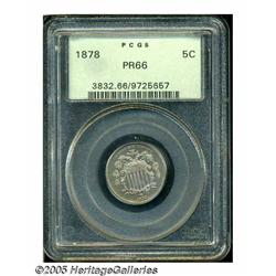 1878 5C PR66 PCGS. Gold-tan and sky-blue patina a