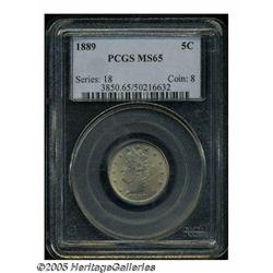 1889 5C MS65 PCGS. Lovely light green-golden surf
