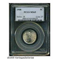 1908 5C MS65 PCGS. Attractive coppery-gold color,