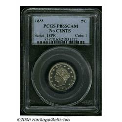 1883 5C No Cents PR65 Cameo PCGS. Watery mirrors 