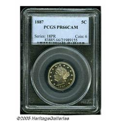 1887 5C PR66 Cameo PCGS. Amber-tinted cameo examp
