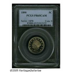 1890 5C PR65 Cameo PCGS. Coppery-gold surfaces wi
