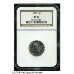 1909 5C PR67 NGC. The heavily frosted motifs are 