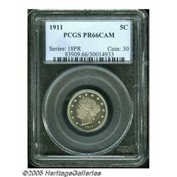 1911 5C PR66 Cameo PCGS. Some light, colorful pat