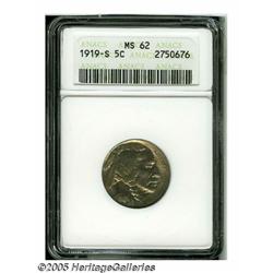 1919-S 5C MS62 ANACS. Lustrous nickel-gray surfac