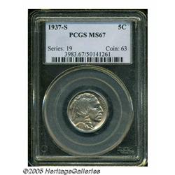 1937-S 5C MS67 PCGS. Lustrous surfaces are bathed