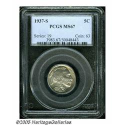 1937-S 5C MS67 PCGS. Sharply struck, lightly tone