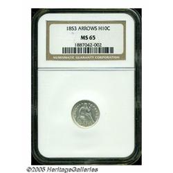 1853 H10C Arrows MS65 NGC. A brilliant and highly