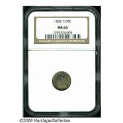 1858 H10C MS66 NGC. Aqua-green, gold, and lilac c