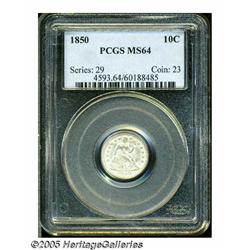 1850 10C MS64 PCGS. A scarce and attractive near-
